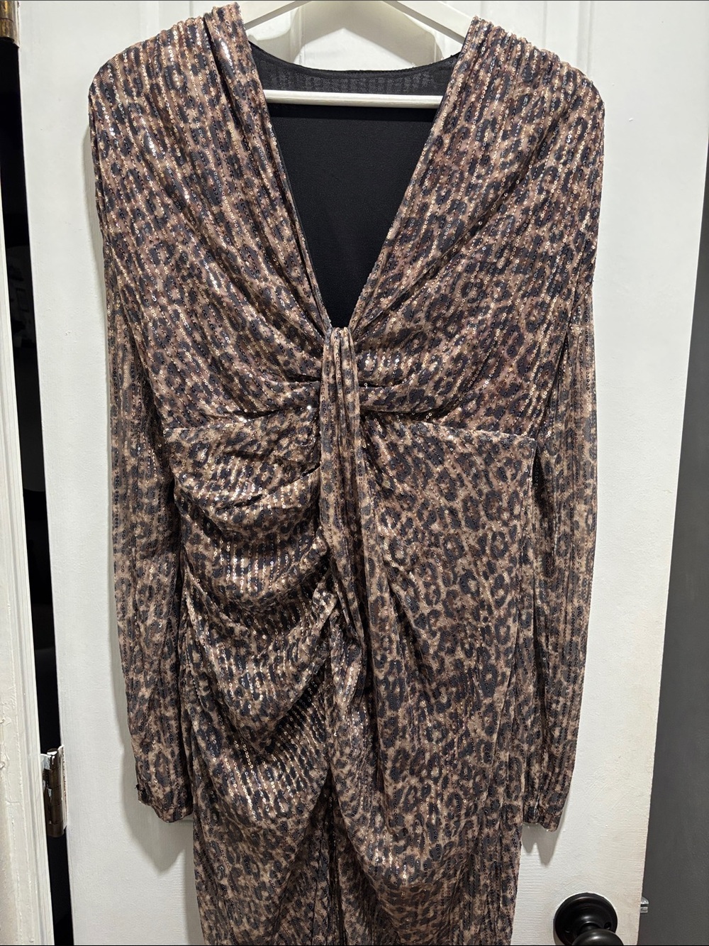 Leopard Print Sequin Twist-Front Long Sleeve Women’s Dress